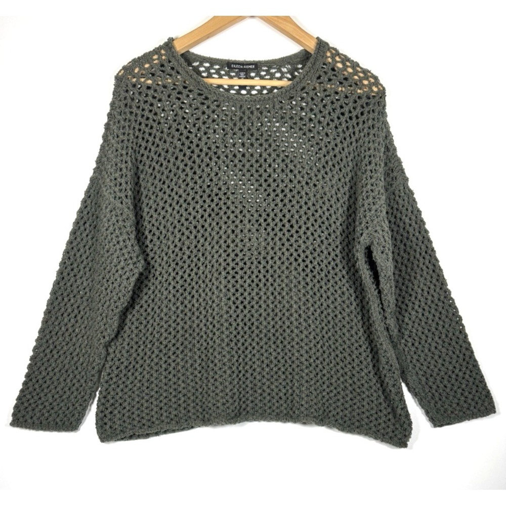 Eileen Fisher Organic Cotton Crochet Sweater Medium Moss Green Open Knit Boxy